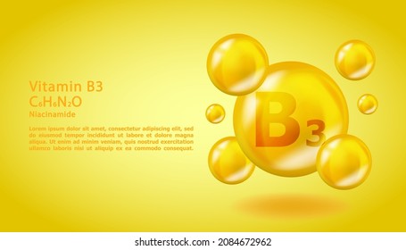 3D Vitamin molecule B3 Niacinamide design. Realistic B3 Niacinamide Vitamin drop. Yellow nutrition complex illustration.