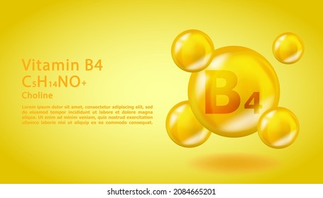 3D Vitamin molecule B4 Choline design. Realistic B4 Choline Vitamin drop. Yellow nutrition complex illustration.