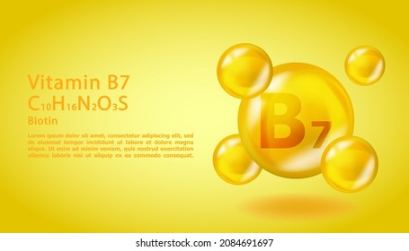 3D Vitamin molecule B7 Biotin design. Realistic B7 Biotin Vitamin drop. Yellow nutrition complex illustration.