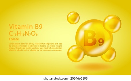 3D Vitamin molecule B9 Folic acid design. Realistic B9 Folic acid Vitamin drop. Yellow nutrition complex illustration.