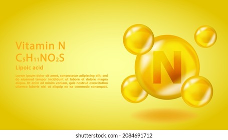 3D Vitamin molecule N Lipoic acid design. Realistic N Lipoic acid Vitamin drop. Yellow nutrition complex illustration.