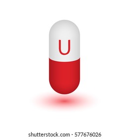 3D vitamin U methionine, two tone pill on white background. Vector illustration. Design element. Antiulcer factor.