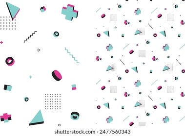 Patrones geométricos 3D vivos en rosa, verde y negro