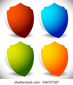 3d vivid shield shapes for protection, defense concepts. Vector.