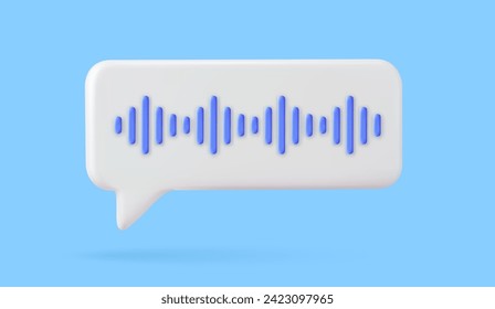 3d Voice message chat bubble icon with sound wave. Record audio message. Podcast voice audio record. Music track sound wave. 3d rendering. Vector illustration