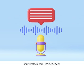 3d Voice messages concept. microphone, audio wave and chat bubble. Podcast microphone on stand, audio equipment icon. 3d rendering. Vector illustration