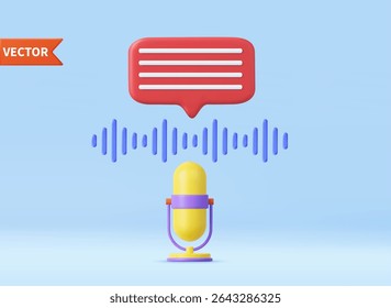 3d Voice messages concept. microphone, audio wave and chat bubble. Podcast microphone on stand, audio equipment icon. 3d rendering. Vector illustration