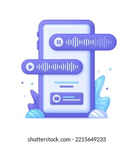 Ilustración de mensajería 3D Voice. Tecnología de chat en línea, comunicación en mensajería instantánea y medios sociales. Mensaje de audio, teléfono móvil, aplicación de chat. Vector moderno y de moda en estilo 3d.