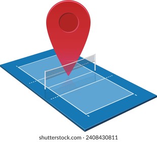 3D volleyball court with a red location marker placed behind the net (cut out)