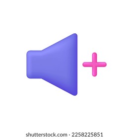 3D Volume icon and plus sign. Add sound. Audio control concept. Trendy and modern vector in 3d style.
