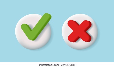 3d volume Right And Wrong 3D Button Vector Illustration, green checkmark and red cross interface elements