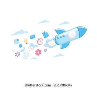 3D volume rocket flies with media signs, content from social networks. Volumetric icons of messages, envelopes, idea bulbs, gears, settings, stopwatch, play buttons, files, diagrams.