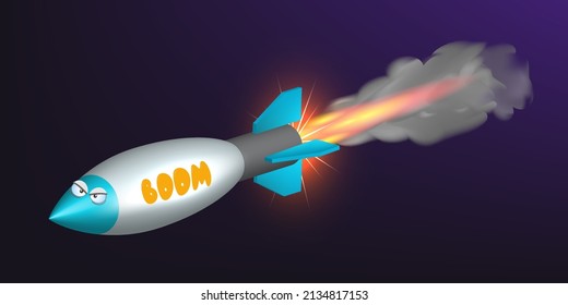3D volumetric cartoon evil flying military rocket with eyes and a jet of fire on a dark background