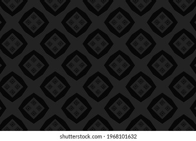 3D volumetric convex embossed black background. Ethnic geometric style. Beautiful creative curly pattern for wallpapers, presentations, textiles, websites, coloring, wrapping paper.