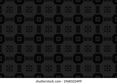 3D volumetric convex embossed black background. Ethnic geometric style. Original creative curly pattern for wallpapers, presentations, textiles, websites, coloring, wrapping paper.