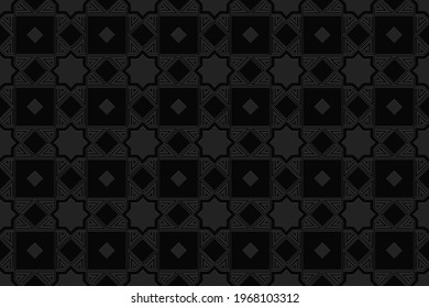 3D volumetric convex embossed black background. Ethnic geometric style. Oriental original curly pattern for wallpapers, presentations, textiles, websites, coloring, wrapping paper.