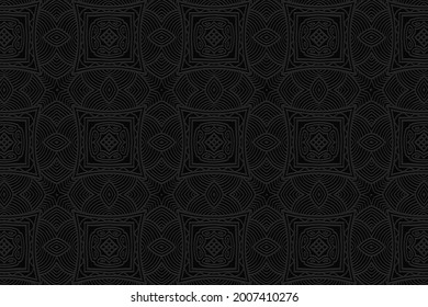 3D volumetric convex embossed black background. Ethnic Indian geometric pattern with handmade elements. Exotic ornament for design and decor, textiles, wallpapers, presentations, business cards.