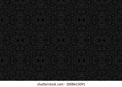 3D volumetric convex embossed black background. Ethnic oriental, asian, indian pattern with handmade elements. Geometric art ornament for design and decoration.