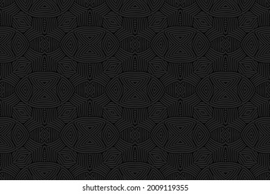 fondo negro volumétrico 3D en relieve. Patrón étnico oriental, asiático, indio con elementos hechos a mano. Textura geométrica original para el diseño y la decoración.