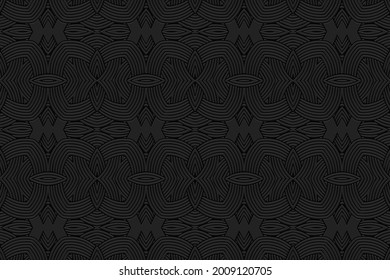 3D volumetric convex embossed black background. Ethnic oriental, asian, indian pattern with handmade elements. Geometric art texture for design and decoration.