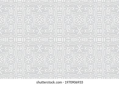3d volumetric convex embossed geometric white background. Ethnic pattern in doodling style, handmade. Original ornament for wallpaper, stained glass, presentations, textiles, website, wrapping paper.