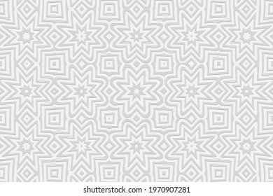 3d volumetric convex embossed geometric white background. Ethnic pattern in doodling style, handmade. Unique oriental ornament for wallpaper, stained glass, presentations, textiles, website.