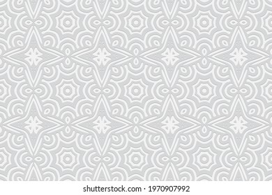 3d volumetric convex embossed geometric white background. Ethnic pattern in doodling style, handmade. Oriental ornament for wallpaper, stained glass, presentations, textiles, website.
