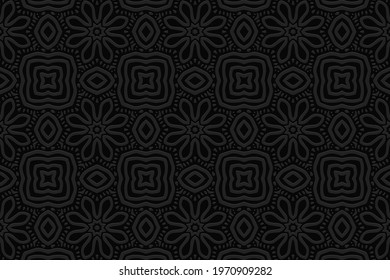3d volumetric convex embossed geometric black background. Ethnic pattern in doodling style, handmade. Oriental floral graceful ornament for wallpaper, stained glass, presentations, textiles, website.