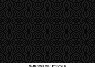 3d volumetric convex embossed geometric black background. Ethnic pattern in doodling style, handmade. Colorful Aztec ornament for wallpaper, stained glass, presentations, textiles, website.
