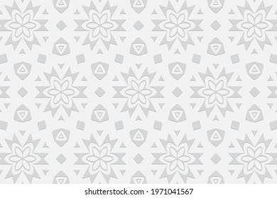 3d volumetric convex embossed geometric white background. Ethnic pattern in doodling style, handmade. Trendy oriental ornament for wallpaper, stained glass, presentations, textiles, website.