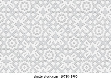 3d volumetric convex embossed geometric white background. Ethnic pattern in doodling style, handmade. Mexican decorative ornament for wallpaper, stained glass, presentations, textiles, website.
