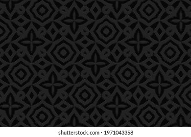 3d volumetric convex embossed geometric black background. Ethnic pattern in doodling style, handmade. Mexican stylish ornament for wallpaper, stained glass, presentations, textiles, website.