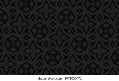 3d volumetric convex embossed geometric black background. Ethnic pattern in doodling style, handmade. Unique graceful oriental ornament for wallpaper, stained glass, presentations, textiles, website.