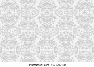 3D volumetric convex embossed geometric white background. Ethnic pattern in doodling style, Mexican motives.
Ornament for wallpaper, stained glass, textiles, presentation, website.