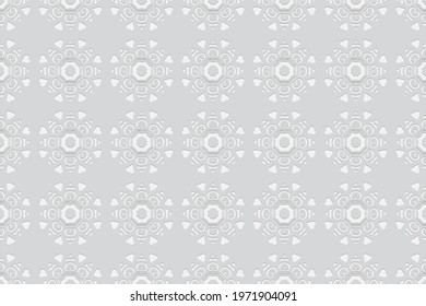 3d volumetric convex embossed geometric white background. Ethnic pattern in doodling style, oriental arabic motives.
Original ornament with hearts, shapes and curls for wallpaper, presentation.