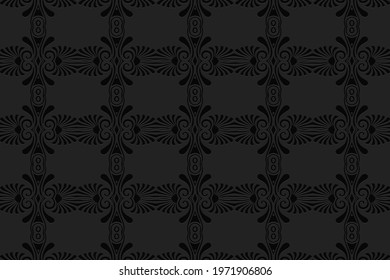 3D volumetric convex embossed geometric black background. Ethnic pattern in the style of doodling, Mexican motifs.
Decorative horizontal ornament for wallpaper, presentation, textile, website, stained