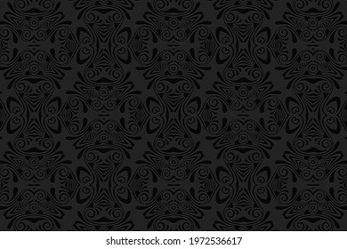 3D volumetric convex embossed geometric black background. Ethnic pattern in the style of doodling, Mexican motifs.
Decorative national ornament for wallpaper, website, textile, presentation.
