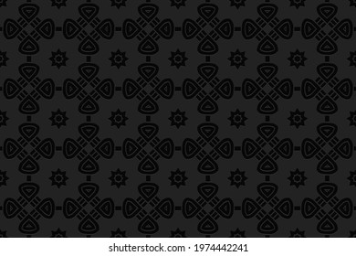 3D volumetric convex embossed geometric black background. Ethnic pattern in doodling style, Aztec motives.
Decorative national ornament for wallpaper, website, textile, presentation.