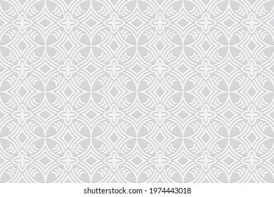 3D volumetric convex embossed geometric white background. Ethnic pattern in the style of doodling, based on the peoples of the East and Asia.
Trendy ornament for wallpaper, website, textile.