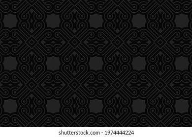 3D volumetric convex embossed geometric black background. Ethnic pattern in the style of doodling, based on the peoples of the East and Asia.
Beautiful ornament for wallpaper, website, textile.