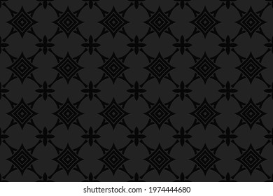 3D volumetric convex embossed geometric black background. Ethnic pattern in the style of doodling, based on the peoples of the East and Asia.
Beautiful graceful ornament for wallpaper, website.