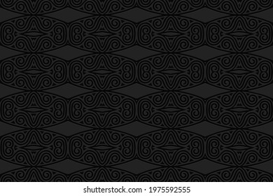 3D volumetric convex embossed geometric black background. Ethnic pattern in the style of doodling, the creativity of the peoples of the East. Exotic trendy ornament for wallpaper, website, textile.