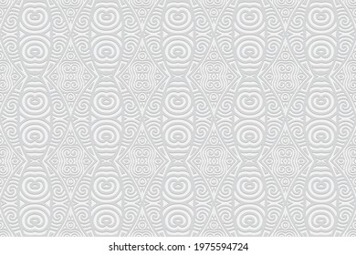 3D volumetric convex embossed geometric white background. Ethnic pattern in the style of doodling, the creativity of the peoples of the East. Elegant ornament for wallpaper, website, textile.