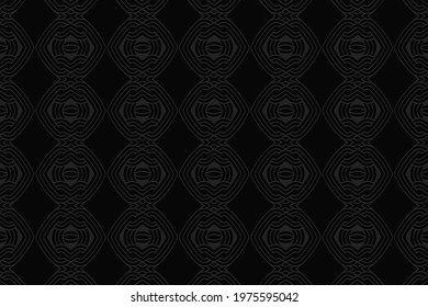3D volumetric convex embossed geometric black background. Ethnic pattern in the style of doodling, creativity of the peoples of the East. Modern ornament for wallpaper, website, textile, presentation.