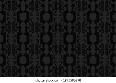 3D volumetric convex embossed geometric black background. Ethnic pattern in the style of doodling, the creativity of the peoples of the East. Beautiful ornament for wallpaper, website, textile.