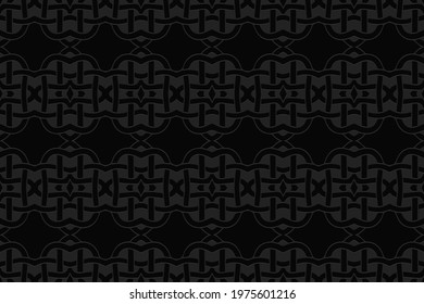 3D volumetric convex embossed geometric black background. Ethnic pattern in the style of doodling, the work of the ideologists of North and Central America. Classic ornament for wallpapers.