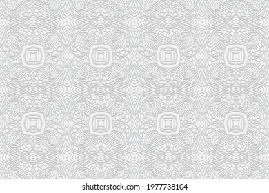 3D volumetric convex embossed geometric white background. Ethnic pattern with national oriental flavor. Beautiful stylish ornament for wallpaper, website, textile, presentation, coloring.