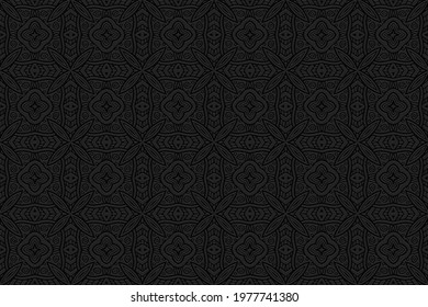3D volumetric convex embossed geometric black background. Ethnic pattern with national oriental flavor. Unique exotic ornament for wallpaper, website, textile, presentation.