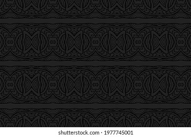 3D volumetric convex embossed geometric black background. Ethnic pattern with national oriental flavor. Abstract horizontal ornament for wallpaper, website, textile, presentation.