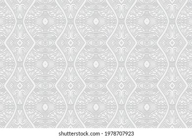 3D volumetric convex embossed geometric white background. Ethnic pattern with the exclusive national color of the peoples of India. Unique ornament for wallpaper, website, textile, presentation.